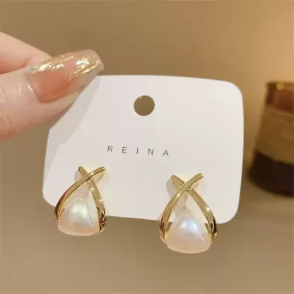 交叉珍珠純銀針耳環