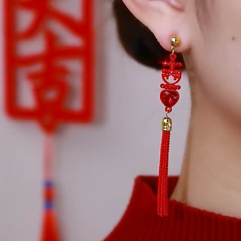 復古民國風新年紅雙喜耳環