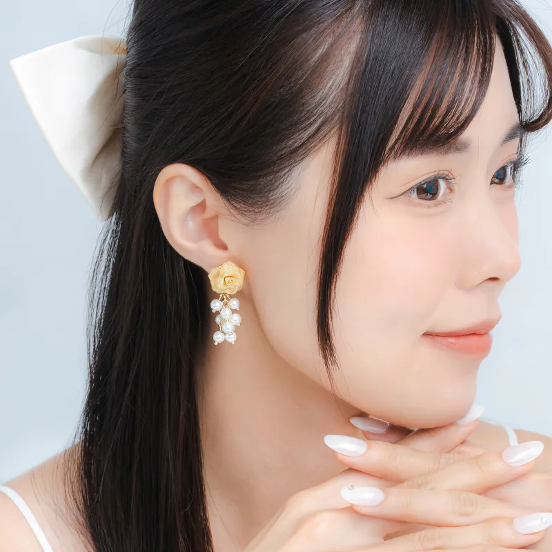 「紗織凝香」網紗玫瑰花珍珠串流蘇耳環