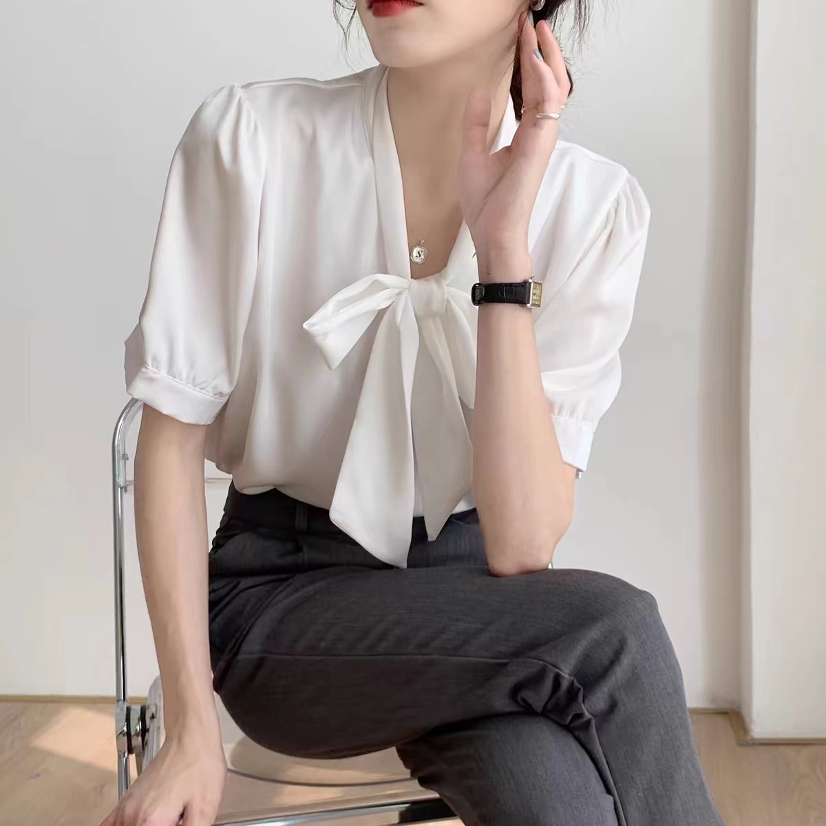 新款蝴蝶結職業休閒氣質緞面襯衫
