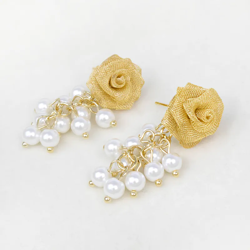 「紗織凝香」網紗玫瑰花珍珠串流蘇耳環