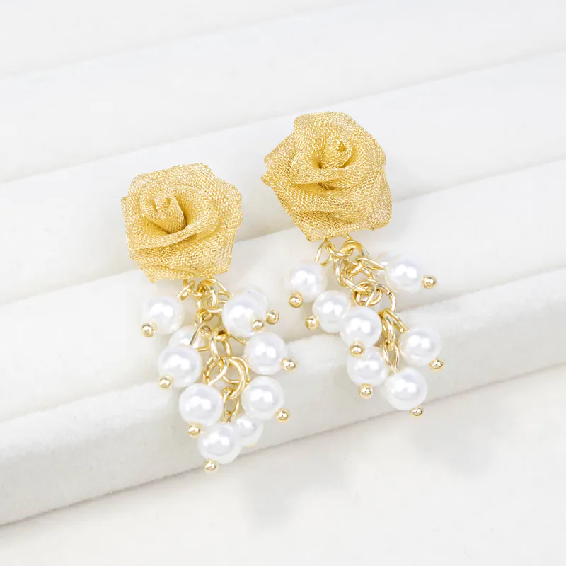 「紗織凝香」網紗玫瑰花珍珠串流蘇耳環