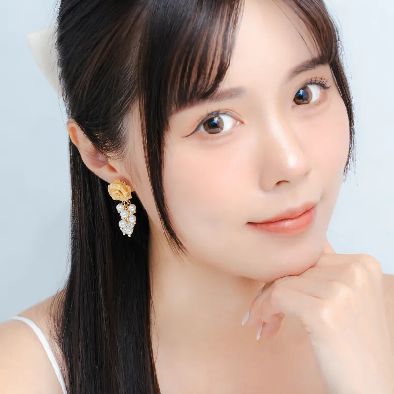 「紗織凝香」網紗玫瑰花珍珠串流蘇耳環