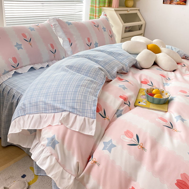 ins少女心純色皺褶花邊款親膚床裙床單四件組