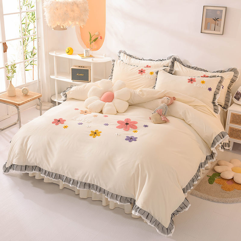 遇見 3D立體刺繡 甜美清新 蕾絲床裙四件組