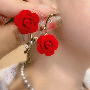 浪漫紅色玫瑰花耳環