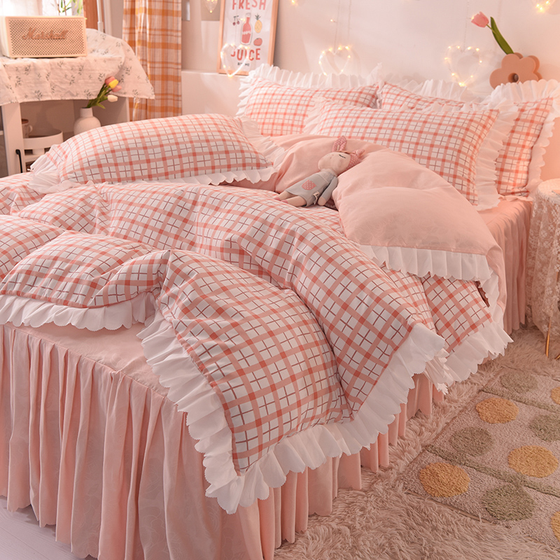 日式網格100%精梳棉被套床裙四件組