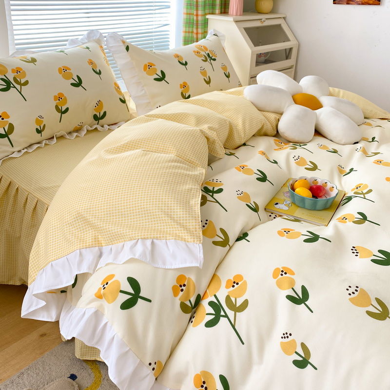 ins少女心純色皺褶花邊款親膚床裙床單四件組