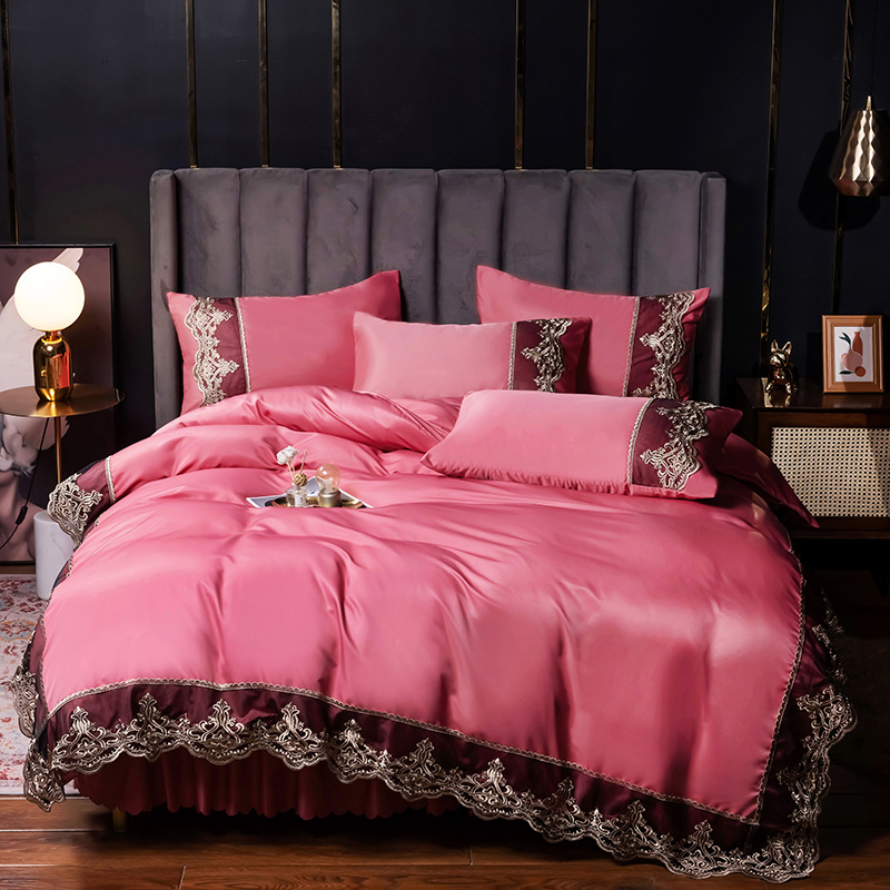 公主水洗真絲床裙 北歐風 蕾絲花邊冰絲裸睡夏季 四件組