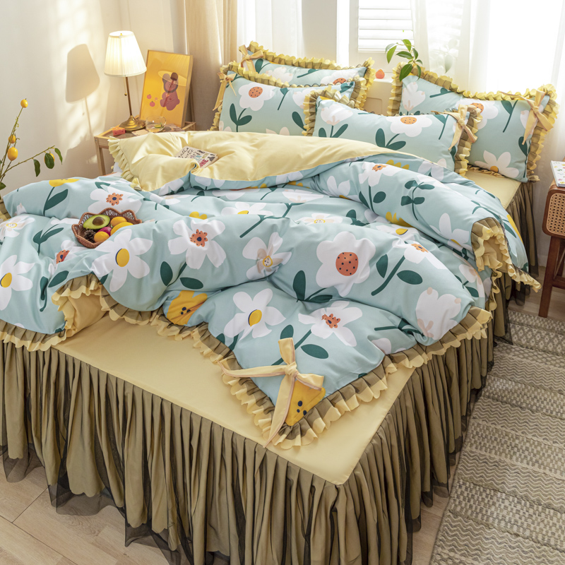 四季款純棉 清新印花雙層蕾絲床裙 彩色花邊四件組