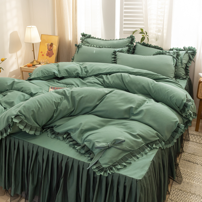 四季款純棉 清新印花雙層 蕾絲床裙 純色裙邊三件組/四件組