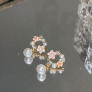 粉色花朵珍珠耳環