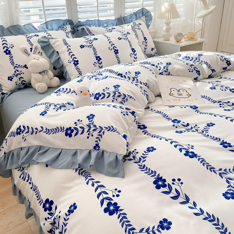 法式赫本風黑白素描大花山茶花 純色花邊 100%純棉四件組