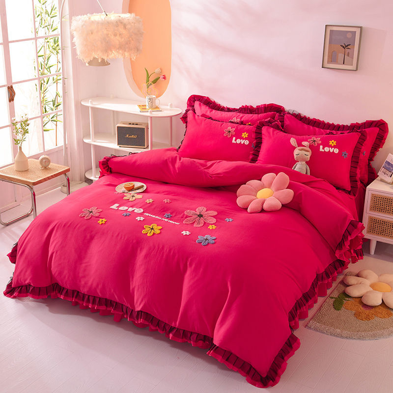 遇見 3D立體刺繡 甜美清新 蕾絲床裙四件組