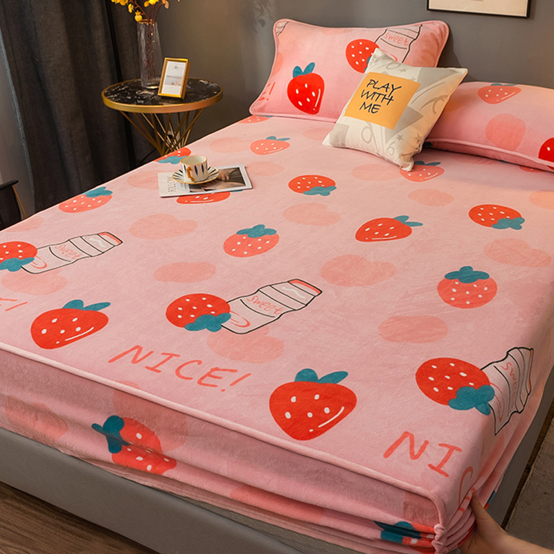 草莓清新粉100% 牛奶絨雙面防水 加厚柔軟床包床單