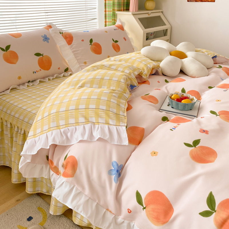 ins少女心純色皺褶花邊款親膚床裙床單四件組