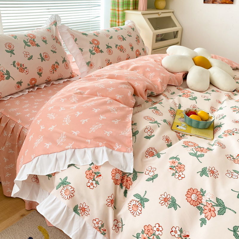 ins少女心純色皺褶花邊款親膚床裙床單四件組