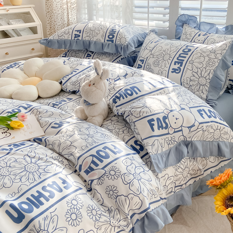 法式赫本風黑白素描大花山茶花 純色花邊 100%純棉四件組