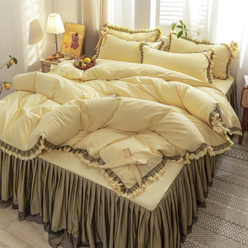 四季款純棉 清新印花雙層 蕾絲床裙 純色裙邊三件組/四件組