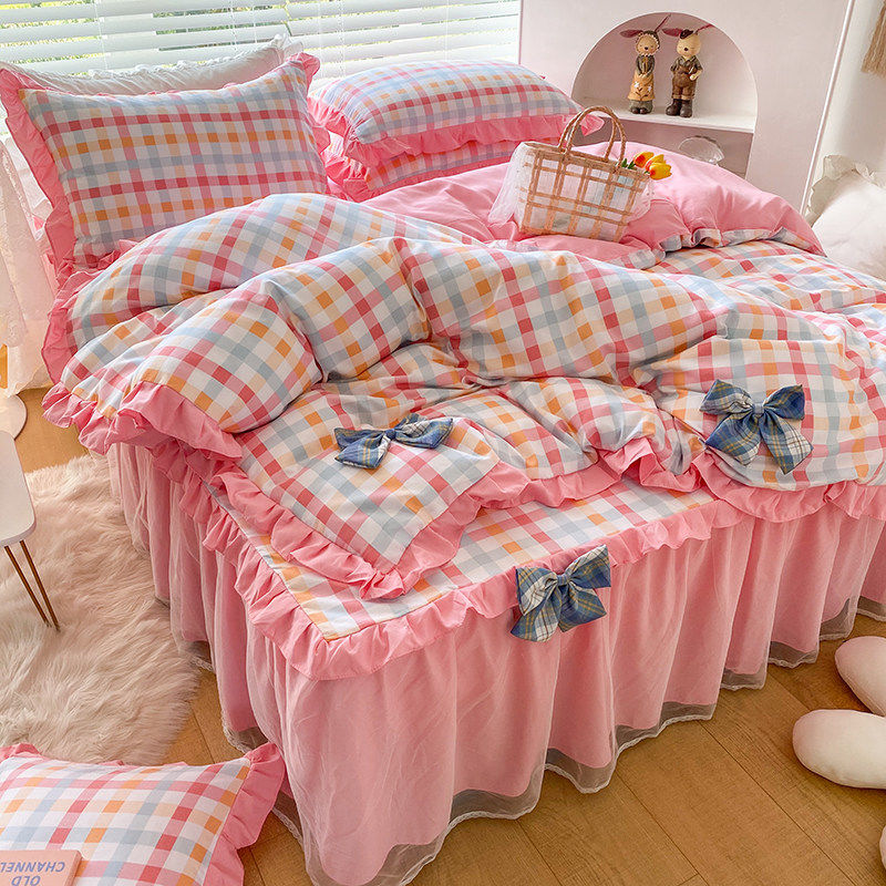 日式純棉四件組花邊蝴蝶結床上用品公主風