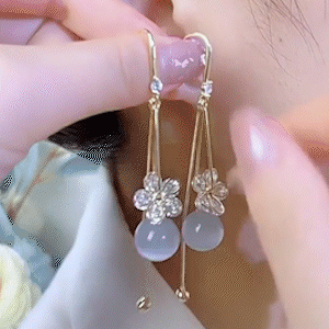 粉色&白色貓眼石花朵耳環