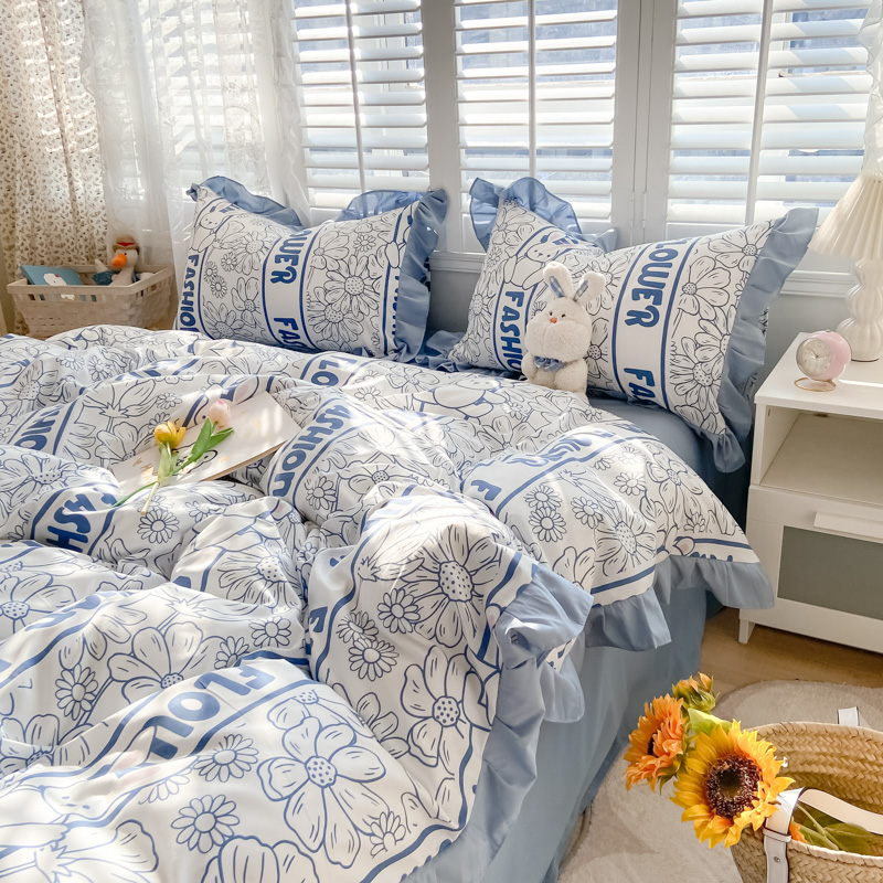 法式赫本風黑白素描大花山茶花 純色花邊 100%純棉四件組