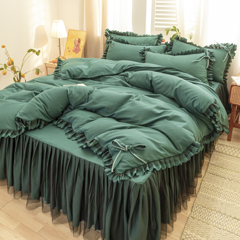 四季款純棉 清新印花雙層 蕾絲床裙 純色裙邊三件組/四件組