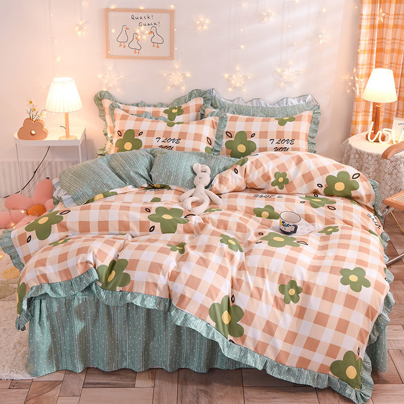 四季款純棉 清新印花雙層 絕美床裙 純色花邊三件組/四件組