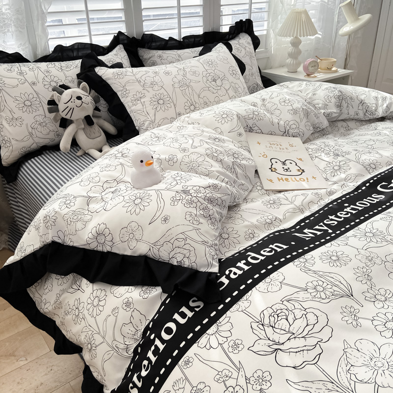 法式赫本風黑白素描大花山茶花 純色花邊 100%純棉四件組