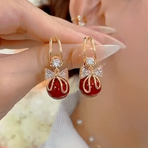 蝴蝶結紅珍珠耳環