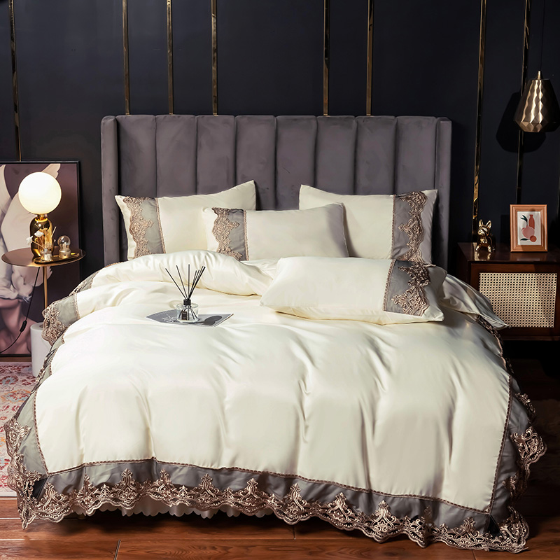 公主水洗真絲床裙 北歐風 蕾絲花邊冰絲裸睡夏季 四件組