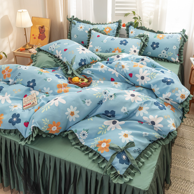 四季款純棉 清新印花雙層蕾絲床裙 彩色花邊四件組