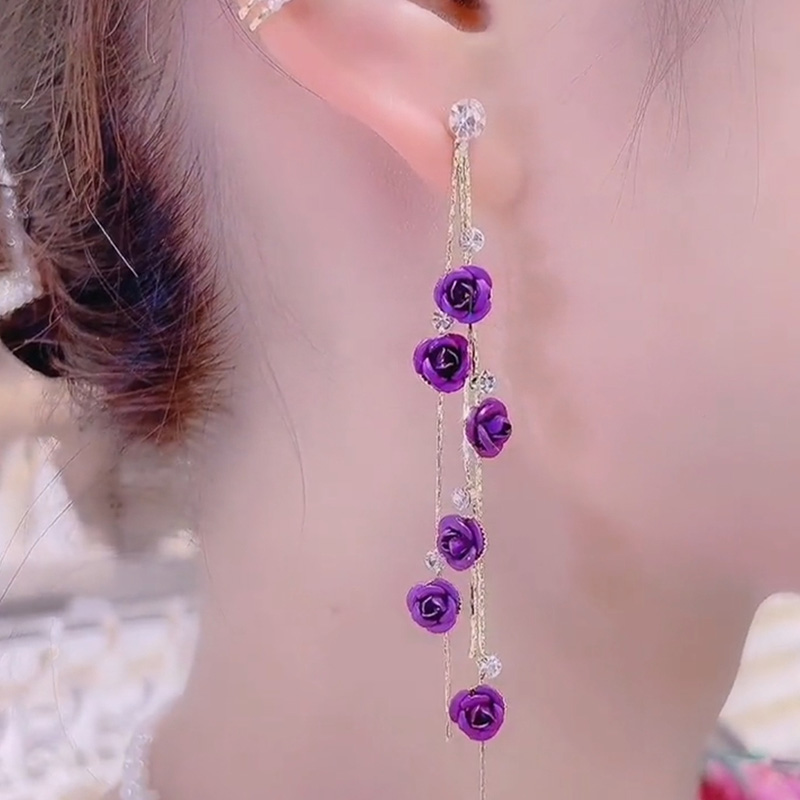 深紫色玫瑰花流蘇耳環