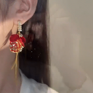 輕奢風紅花瓣長款流蘇耳環