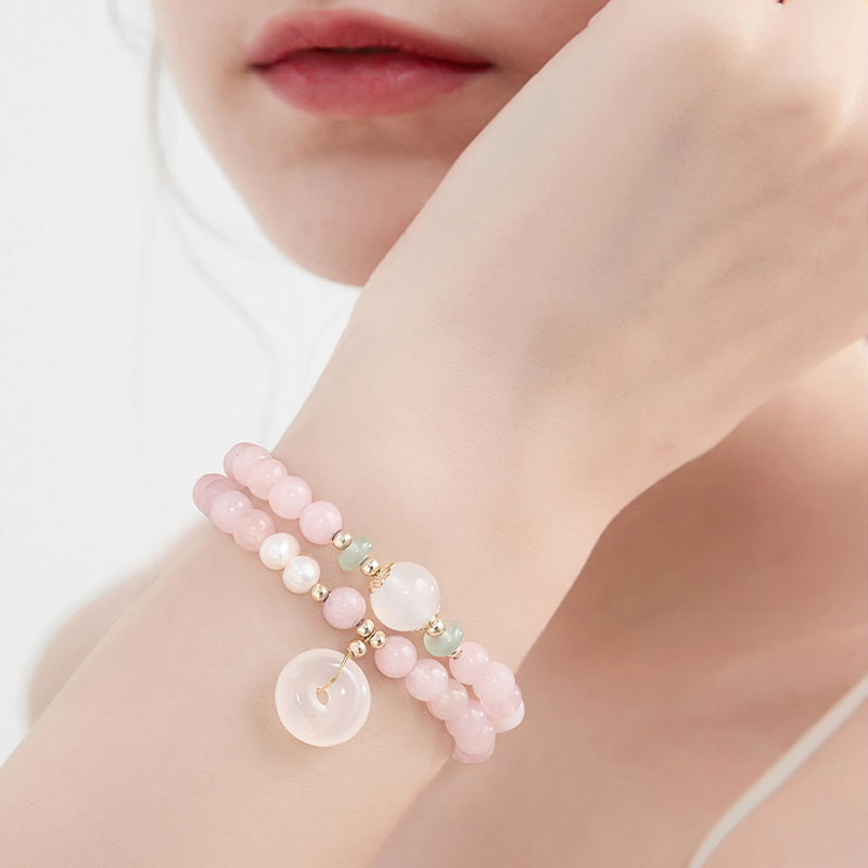 多層疊戴平安扣芙蓉石珍珠串珠