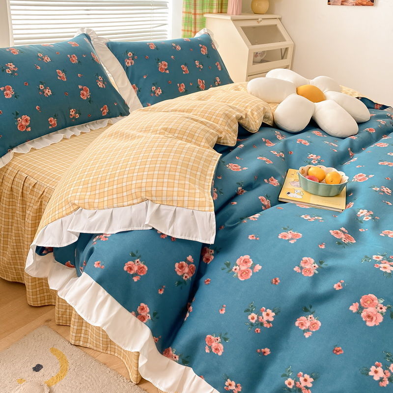 ins少女心純色皺褶花邊款親膚床裙床單四件組