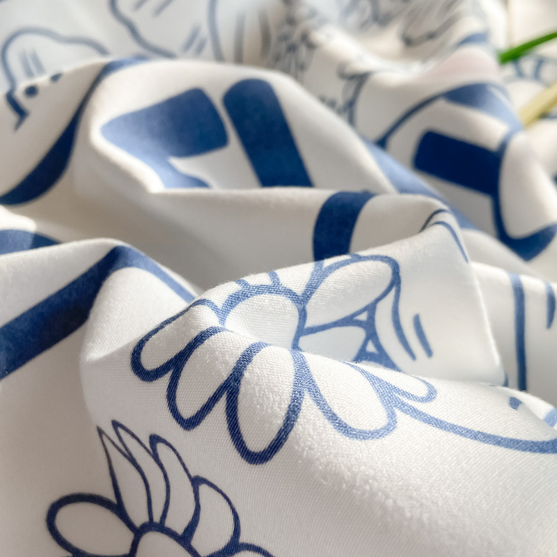 法式赫本風黑白素描大花山茶花 純色花邊 100%純棉四件組