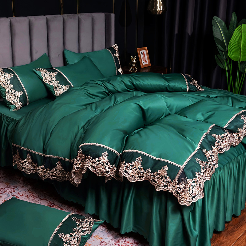 公主水洗真絲床裙 北歐風 蕾絲花邊冰絲裸睡夏季 四件組