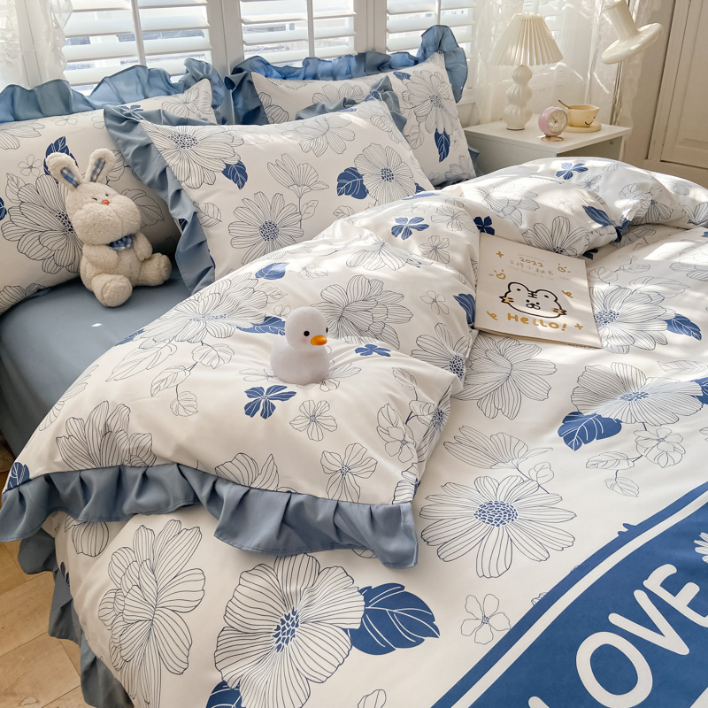 法式赫本風黑白素描大花山茶花 純色花邊 100%純棉四件組