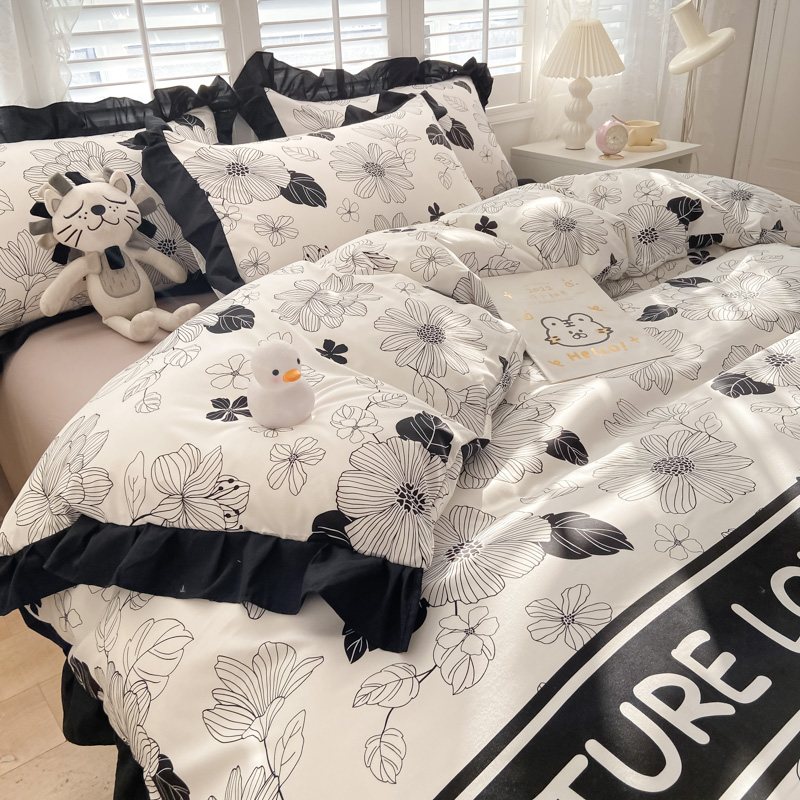 法式赫本風黑白素描大花山茶花 純色花邊 100%純棉四件組