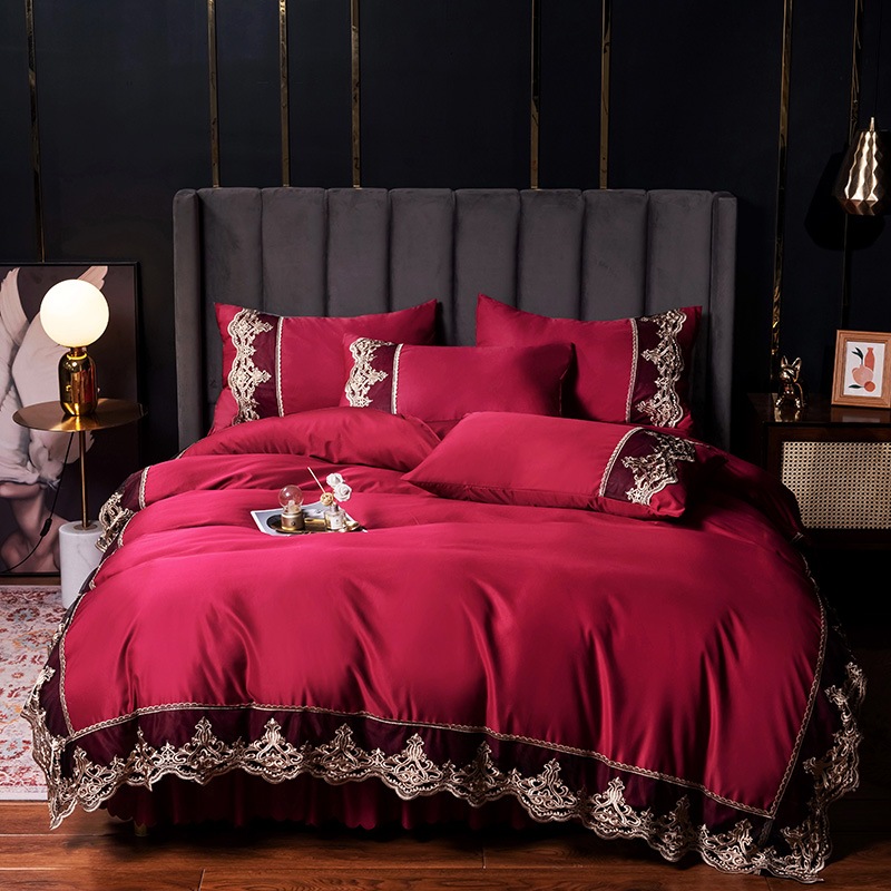 公主水洗真絲床裙 北歐風 蕾絲花邊冰絲裸睡夏季 四件組