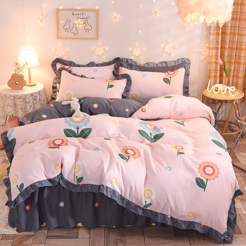 四季款純棉 清新印花雙層 絕美床裙 純色花邊三件組/四件組