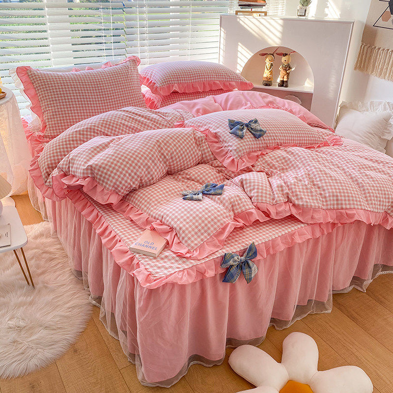 日式純棉四件組花邊蝴蝶結床上用品公主風