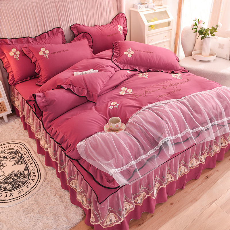 韓版公主風網紅少女心床上用品刺繡蕾絲花邊被套