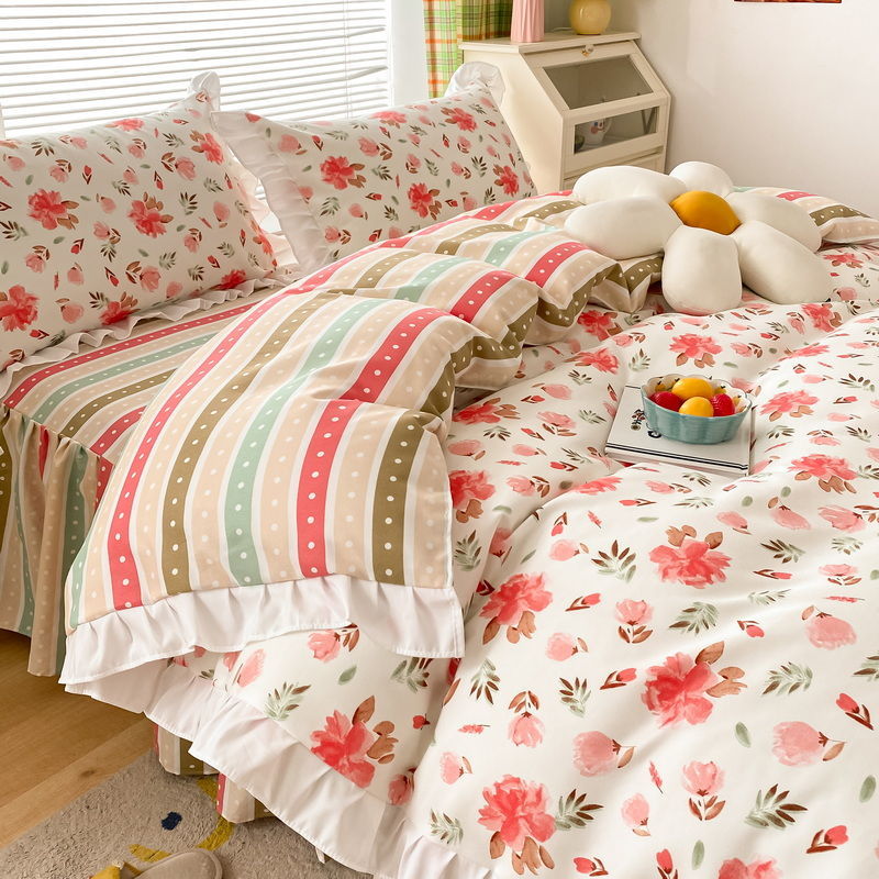 ins少女心純色皺褶花邊款親膚床裙床單四件組