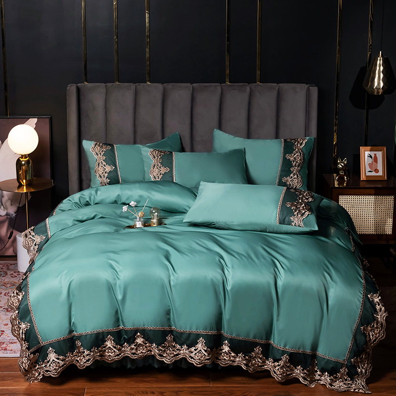 公主水洗真絲床裙 北歐風 蕾絲花邊冰絲裸睡夏季 四件組