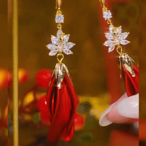 紅色紡織花流蘇耳環