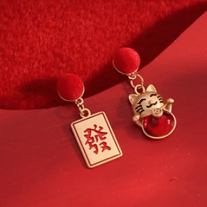 紅色發財貓耳環