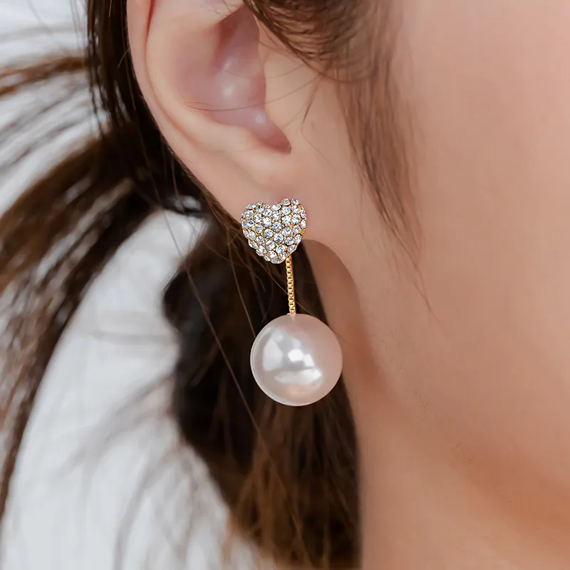 「可愛耀眼」滿鑽珍珠愛心前後扣耳環（一款兩戴）  