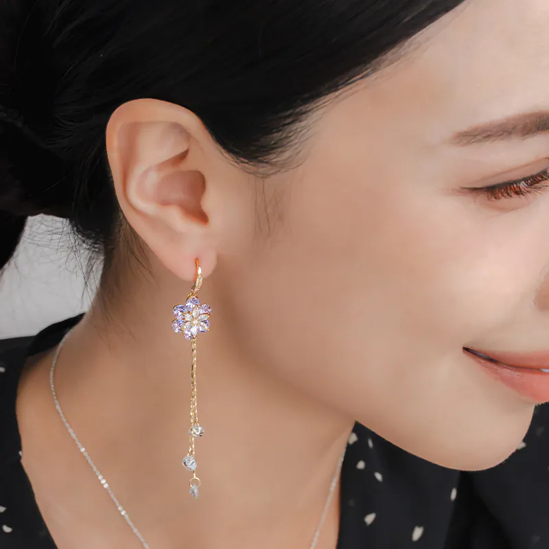 「紫姬宮陵」紫色&白色花朵流蘇耳勾耳環